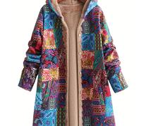 TEMU Abrigo con Capucha Forrado en Vellón con Estampado de Paisley y Floral Colorido - , con Botones, Larga para Mujer, Lavable a Máquina