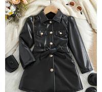 TEMU Abrigo de Trench de PU con Cinturón, Color Sólido, Estilo Casual y Moderno para Otoño e Invierno, Chaqueta de Moda Cortavientos con Solapa Estilo Motocicleta