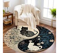 TEMU Alfombra redonda con diseño de gato Yin Yang - Terciopelo de cristal , lavable a máquina, poliéster, uso en interiores para decoración de y dormitorio, navideños
