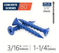 TEMU Anclajes de Tornillo para Hormigón de 3/16" x 1-1/4" con Broca - Tornillos de Cabeza Azules para Mampostería, Ladrillo, Bloque, Cemento, Estuco (Paquete de 80)
