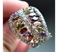 TEMU Anillo de color plateado con corte marquise y zirconias , púrpuras, champán y , diseñado como una hoja. Esta banda de boda multicolor con piedra natal es un regalo ideal para de San Valentín