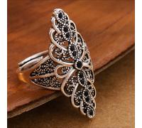 TEMU Anillo Vintage Único con Incrustaciones de Circonia Negra Ajustable Estilo Corte | de Flor y Tallado a , Joyería Lujosa para Mujer Banquete, Chapado , Marca