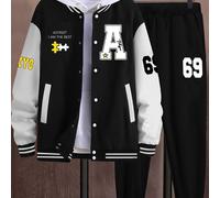 TEMU Athleisure, Conjunto Casual de 69 Piezas para Hombre: Chaqueta Varsity de Bloque de Color & Joggers con Estampado A-69 - Poliéster, Cuello de Béisbol, Bolsillos - para Otoño/Invierno