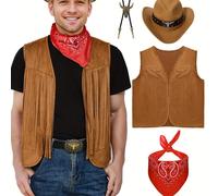 TEMU Atuendos Occidentales para Hombres Chaleco de Borla Vaquero Sombrero Hebilla de Cinturón Pañuelo Paisley Accesorios para Halloween Disfraz de Adulto Estilo , Trajes para de Carnaval