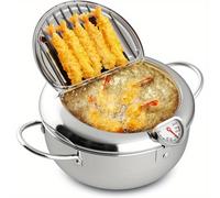 TEMU Baijl Mini Freidora Japonesa, 9" x 5,5", Acero Inoxidable 304, Base , con Tapo y Termómetro, 114oz, para , Freír, Cocina de Estufa