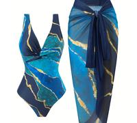 TEMU Bañadores elegantes de dos piezas con estampado de mármol, traje de baño de una pieza con escote en V y falda pareo, ropa de baño y vestimenta para mujeres