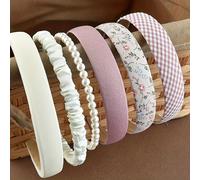 TEMU Banda para el Cabello Estilo Vintage Hong con Estampado Floral y Cuadros, Versión Coreana, Banda Versátil y Adorable para Mujeres con Cara Redonda, Juego de 6 Piezas