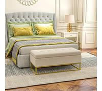 TEMU Banqueta de Almacenamiento con Cojín, Plegable, Acabado en Terciopelo, Patas de Acero, para Sala o Dormitorio, Beige, 110 x 44 x 49 cm