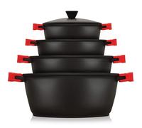 TEMU Batería Cocina Inducción 8 Piezas Antiadherente Titanio, Juego 4 Ollas Aluminio Fundido sin , Set Tapas Cristal, Silicona Extraíbles, Vitrocerámica, Gas, Horno, Briebe , BLACKT4