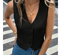 TEMU Blazer sin de cuello en V negro para mujer - Elegante botones para oficina o uso casual, para /verano/otoño, tejido de poliéster , blusa de mujer.