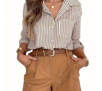 TEMU Blusa de Larga con Rayas Verticales Retro para Dama - Chaqueta Camisa Blanca y Marrón a Cuadros, Estilo Estructurado desde Oficina Semi-Formal, Abrigo Trench Lavable en Maquinaría /Otoño