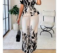 TEMU Blusa de manga corta con estampado floral para mujer con cintura con , pantalones de pierna ancha, conjunto , ropa casual|Blusa de estampado floral|Tela de poliéster, Blusa de estampado floral