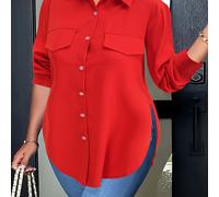 TEMU Blusa De Talla Grande Con Dobladillo Curvado, Blusa Casual Con Botones Y Cuello Para , Ropa De Talla Grande Para Mujeres