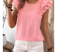 TEMU Blusa elegante de cuello cuadrado para mujer con volante en los brazos y de en la espalda - Top rosa , pantalones cortos blancos, , camisetas de mujer