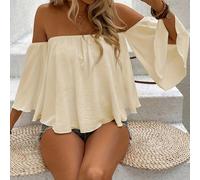 TEMU Blusa Elegante de Hombros Descubiertos para Mujer - Blanca, Acampanadas con Volantes, Cintura Ceñida, Poliéster No Transparente, para Adultas, Blusas de Dama