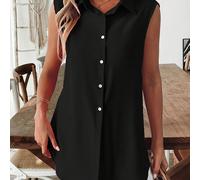 TEMU Blusa Elegante de Inspiración para Mujer sin - Camisa Negra con Botones y Cuello, Dobladillo Largo Curvado, Estilo Casual , Tejido y Transpirable, Lavable en Máquina, Material No Transparente