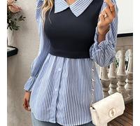 TEMU Blusa Estampada a Rayas Azules y Blancas, y Versátil para Mujer, Cuello Solapa con Botones y Largas con Volantes, Look para /Otoño, Ropa de Mujer