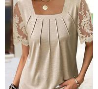 TEMU Blusa larga de mujer con cuello cuadrado, manga corta, color liso, ribete de encaje, diseño moderno y elegante para desarrollo dirigido