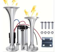 TEMU Bocina de aire de dual Meshuba 12V 130DB, aleación de acabado cromado, para SUV, motocicleta, camión, camioneta, camión, tren, coche, barco, con compresor de aire, tensión de funcionamiento ≤36V