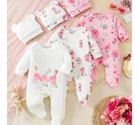 TEMU Body de Larga para Recién Nacidos, Conjunto de 6 Piezas con Estampado de Floral y Gorro de Conejito, Ropa Cómoda Adecuada para Regalos, para Uso Exterior en Todas