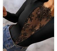 TEMU Body de Mujer con en Encaje y Cuello - Mono Elegante Ajustado Semi- & para /Otoño, Tejido No Elástico Lavable a Ideal Para Fiestas Cenas Y Ocasiones Especiales