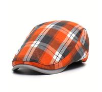 TEMU Boina Vintage a Cuadros para Mujer y Hombre - Gorra Casual de Estilo , Lavable a , de Cuadros Naranja, Boina Ca