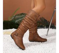 TEMU Botas de caña plisadas para mujer, zapatos planos retro con punta redonda y correa con hebilla, botas occidentales con cremallera lateral