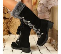 TEMU Botas de Elegantes para Mujer con Forro de Piel Sintética - Botas de Media Caña Abrigadas con Tacón , Detalles de y Cremallera Lateral | Botas de Térmicas y Aislantes para Frío, Botas de Invierno