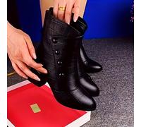TEMU Botas de media caña con cremallera lateral y tacón para mujer, estilo , forro polar negro, zapatos de invierno con tacón y forro polar casual para mujer, colección otoño invierno 2025
