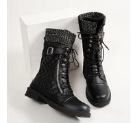 TEMU Botas de Media Caña para Mujer con Forro Polar - Cuadros Casuales, Cremallera Lateral, Tacón para en Invierno y Estilo , Botas de Moto