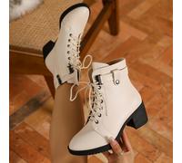 TEMU Botas de Moda de Tacón y Punta Redonda, Botas de Estilo con Tacón y Cordones para Mujer, Zapatos de Mujer