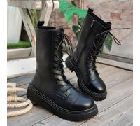 TEMU Botas de moda para mujer con suelas gruesas y tacones gruesos, hechas de . botas de trabajo americanas de punta redonda presentan cierres con cordones y cremalleras , zapatos para mujer