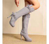 TEMU Botas de mujer de color liso de moda, botas casuales de con cremallera lateral y cinturones con hebilla cruzada, botas altas la elásticas y ajustadas, calzado de mujer