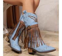 TEMU Botas de mujer de tacón y tacón medio con remaches y hebilla de cinturón, botas pierna, de vaquero de moda, botas de de estilo de punta puntiaguda europeo y americano para mujer, calzado de mujer