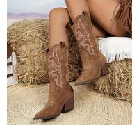 TEMU Botas de Mujer Western Slip-On Mid-Calf con Punta Afilada y Tacón - Parte Cubierta, Forro de Tela, de Goma - Botas Casuales para Todas