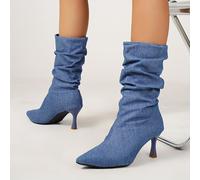 TEMU Botas de punta afilada arrugadas de moda con tacones altos y de aguja para mujer, botas pantorrilla, calzado de mujer