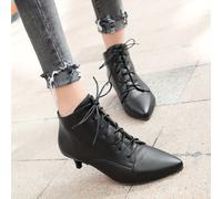 TEMU Botas de punta para mujer, botas cortas estrechas de tacón fino y punta con cordones para tallas grandes, zapatos de mujer