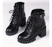 TEMU Botas de tacón con hebilla de cinturón y cremallera lateral para mujer, botines de plataforma con cordones y tacón