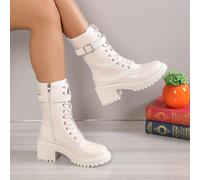 TEMU Botas de tacón la pantorrilla para mujer, botas de con cordones y cremallera lateral de color sólido, botas de plataforma para combinar