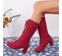 TEMU Botas de tacón para mujer, con cordones, botas casuales de tacón medio con de goma, forro de fibra súper , parte y plantilla de tela, a o limpieza profesional.
