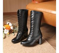 TEMU Botas de Tacón Pierna para Mujer con Cordones, Punta Redonda, Color Sólido, Cubierta de , Zapatos de Negocios para Todas , Cómodos, Zapatos para Mujer