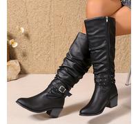 TEMU Botas de tubo cómodas y versátiles para mujer con correas plisadas, remaches, cremalleras y un tacón , perfectas para un transporte elegante, Zapatos de mujer