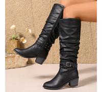 TEMU Botas de tubo cómodas y versátiles para mujer con correas plisadas, remaches, cremalleras y un tacón , perfectas para un transporte elegante, Zapatos de mujer