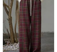 TEMU Botas de Tweed a Cuadros Marrón y para Mujer - Cintura Elástica con Cordón, Lavable a Máquina, Pantalones Casuales Todo Temporada con Bolsillos, Ropa Cómoda sin Elasticidad