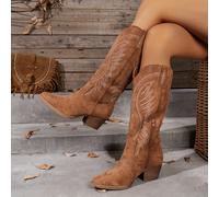 TEMU Botas de Vaquero Bordadas Retro para Mujer - Punta Afilada en Color con Tacón Medio y Cierre de Cremallera, Botas Casuales Todo- de Tela y de Goma, Botas de Vaquera