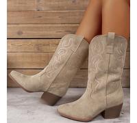 TEMU Botas de vaquero de tacón grueso para mujer, botas de media pantorrilla de moda, botas occidentales cómodas para mujer
