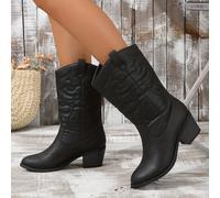 TEMU Botas de vaquero retro para mujer, botas occidentales con bordado y tacón y , botas de media pantorrilla con corte en V