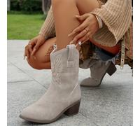 TEMU Botas de Vaquero Retro para Mujer la Pantorrilla - Tacón y Punta Redonda con Estampado de , Zapatos Casuales para Otoño e Invierno (/ )