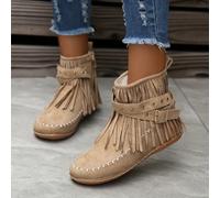 TEMU Botas elegantes de color sólido para mujer, con cremallera lateral, correas con hebilla y decoración de borlas, zapatos de tobillo redondos de invierno con peluche
