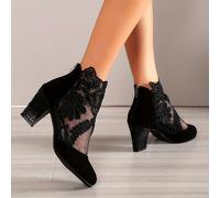 TEMU Botas elegantes de malla floral para mujer, con cremallera trasera, cómodas botas de tacón grueso, botas transpirables de punta redonda.